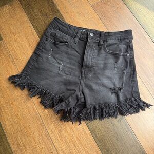 High Waisted Black Frayed Denim Shorts